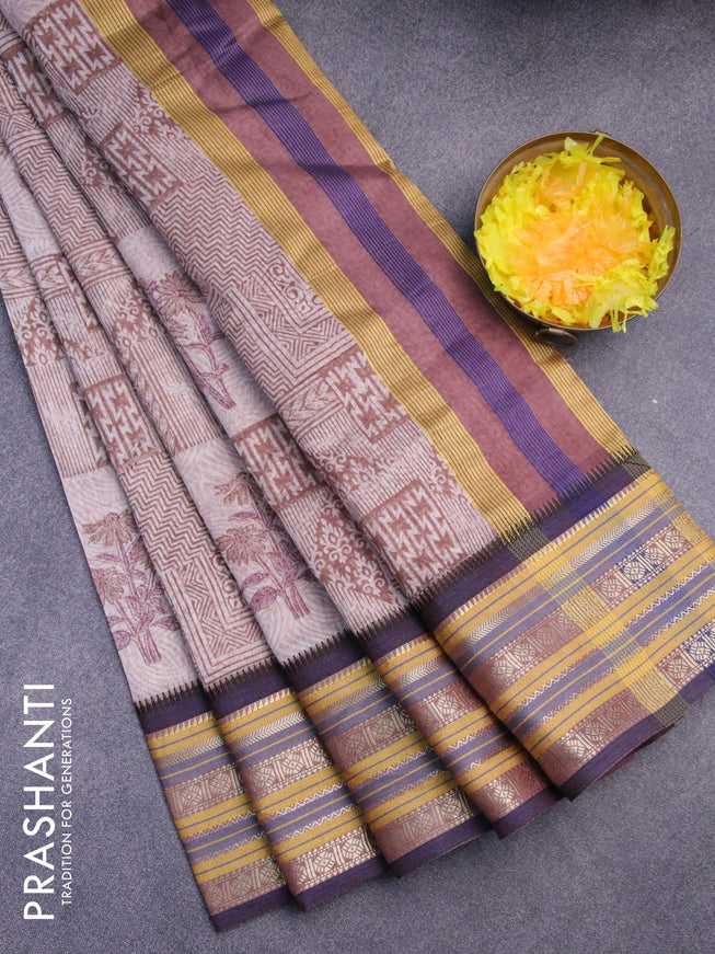 Maheshwari silk cotton saree brown and dark blue with floral prints and thread & zari woven border