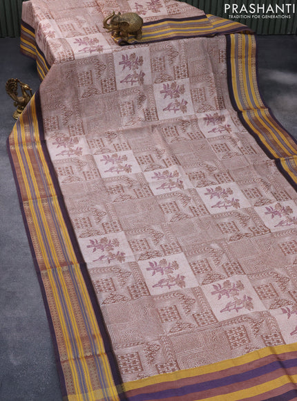 Maheshwari silk cotton saree brown and dark blue with floral prints and thread & zari woven border