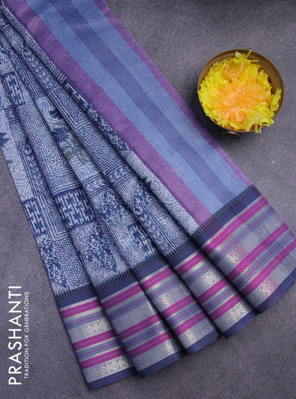 Maheshwari silk cotton saree dark blue and purple with floral prints and thread & zari woven border