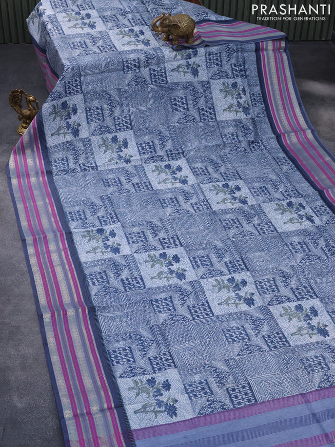 Maheshwari silk cotton saree dark blue and purple with floral prints and thread & zari woven border