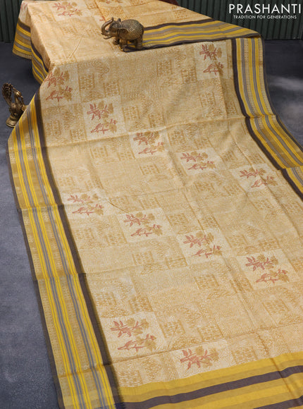 Maheshwari silk cotton saree mustard shade with floral prints and thread & zari woven border