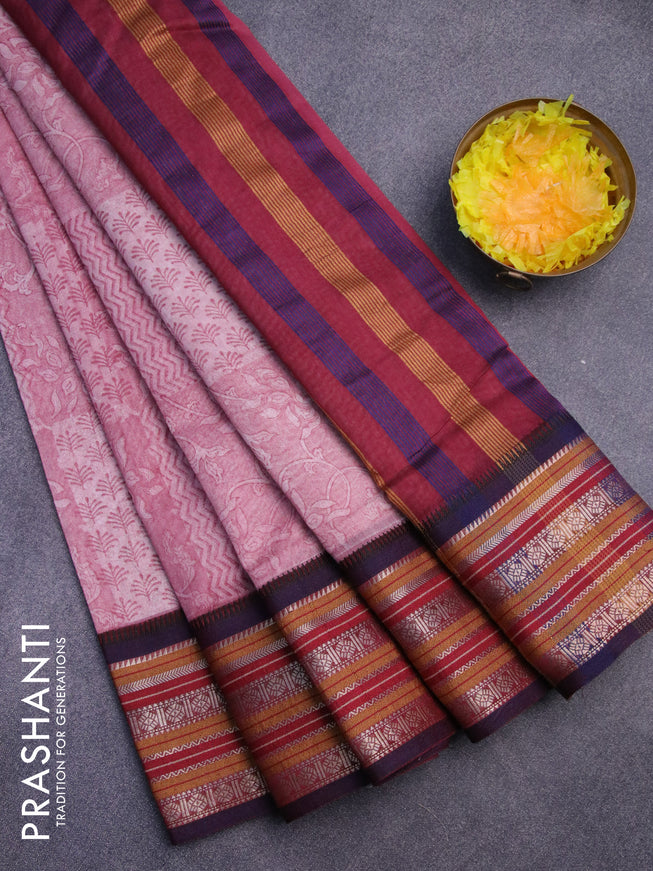 Maheshwari silk cotton saree pastel maroon shade and blue with allover prints and thread & zari woven border