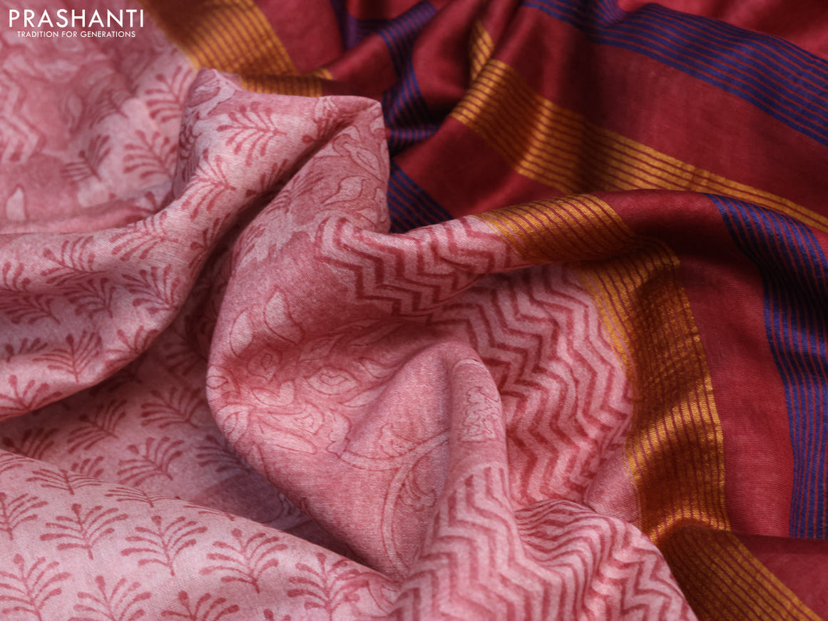 Maheshwari silk cotton saree pastel maroon shade and blue with allover prints and thread & zari woven border