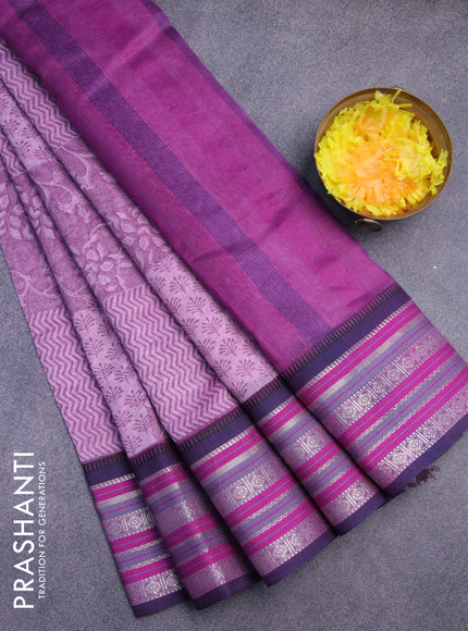 Maheshwari silk cotton saree purple shade and blue with allover prints and thread & zari woven border