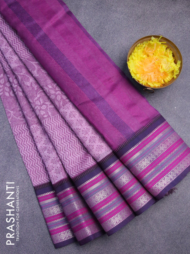 Maheshwari silk cotton saree purple shade and blue with allover prints and thread & zari woven border