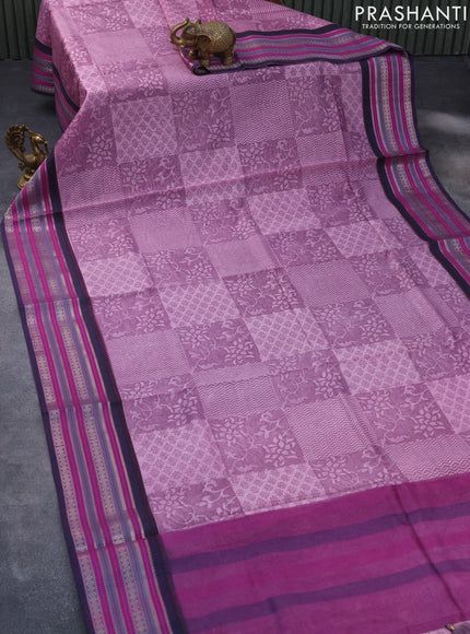 Maheshwari silk cotton saree purple shade and blue with allover prints and thread & zari woven border