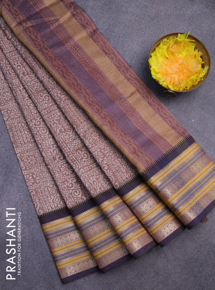 Maheshwari silk cotton saree brown and blue with allover prints and thread & zari woven border