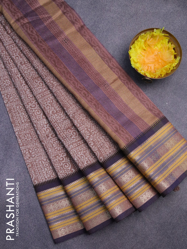 Maheshwari silk cotton saree brown and blue with allover prints and thread & zari woven border