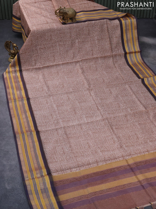 Maheshwari silk cotton saree brown and blue with allover prints and thread & zari woven border