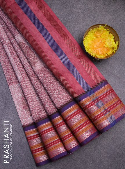 Maheshwari silk cotton saree maroon and blue with allover prints and thread & zari woven border