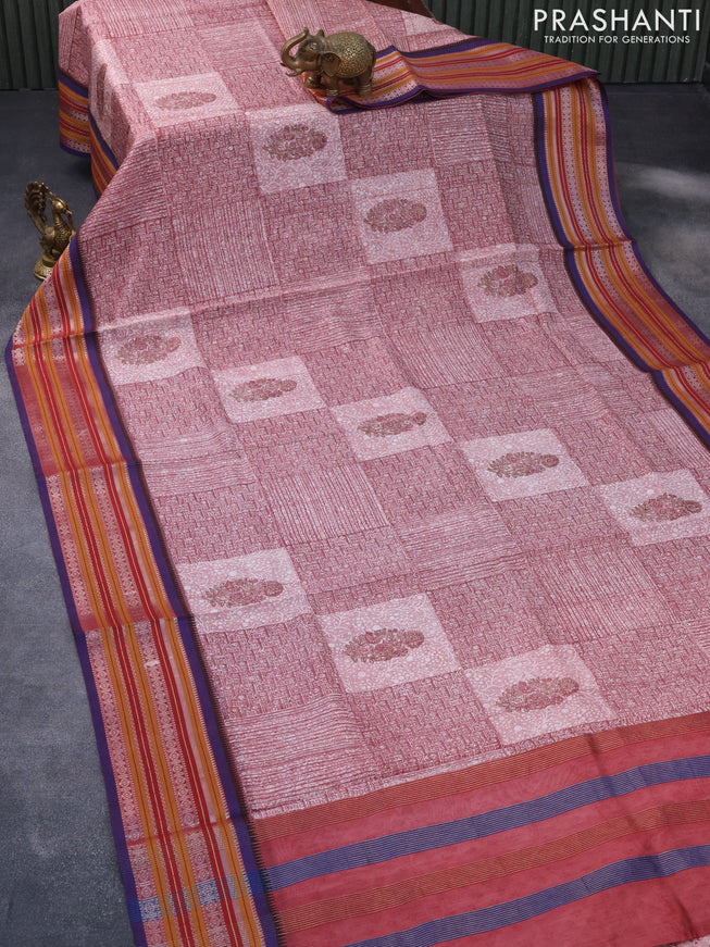 Maheshwari silk cotton saree maroon and blue with allover prints and thread & zari woven border