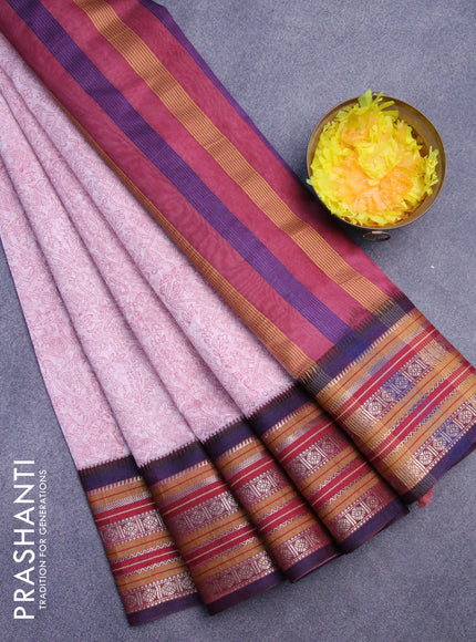 Maheshwari silk cotton saree pastel pink shade and maroon with allover prints and thread & zari woven border