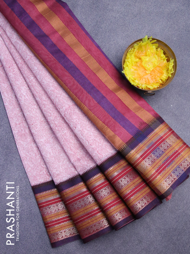 Maheshwari silk cotton saree pastel pink shade and maroon with allover prints and thread & zari woven border