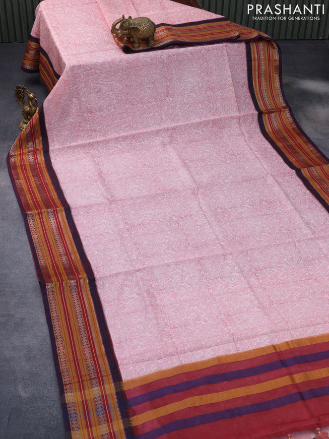 Maheshwari silk cotton saree pastel pink shade and maroon with allover prints and thread & zari woven border