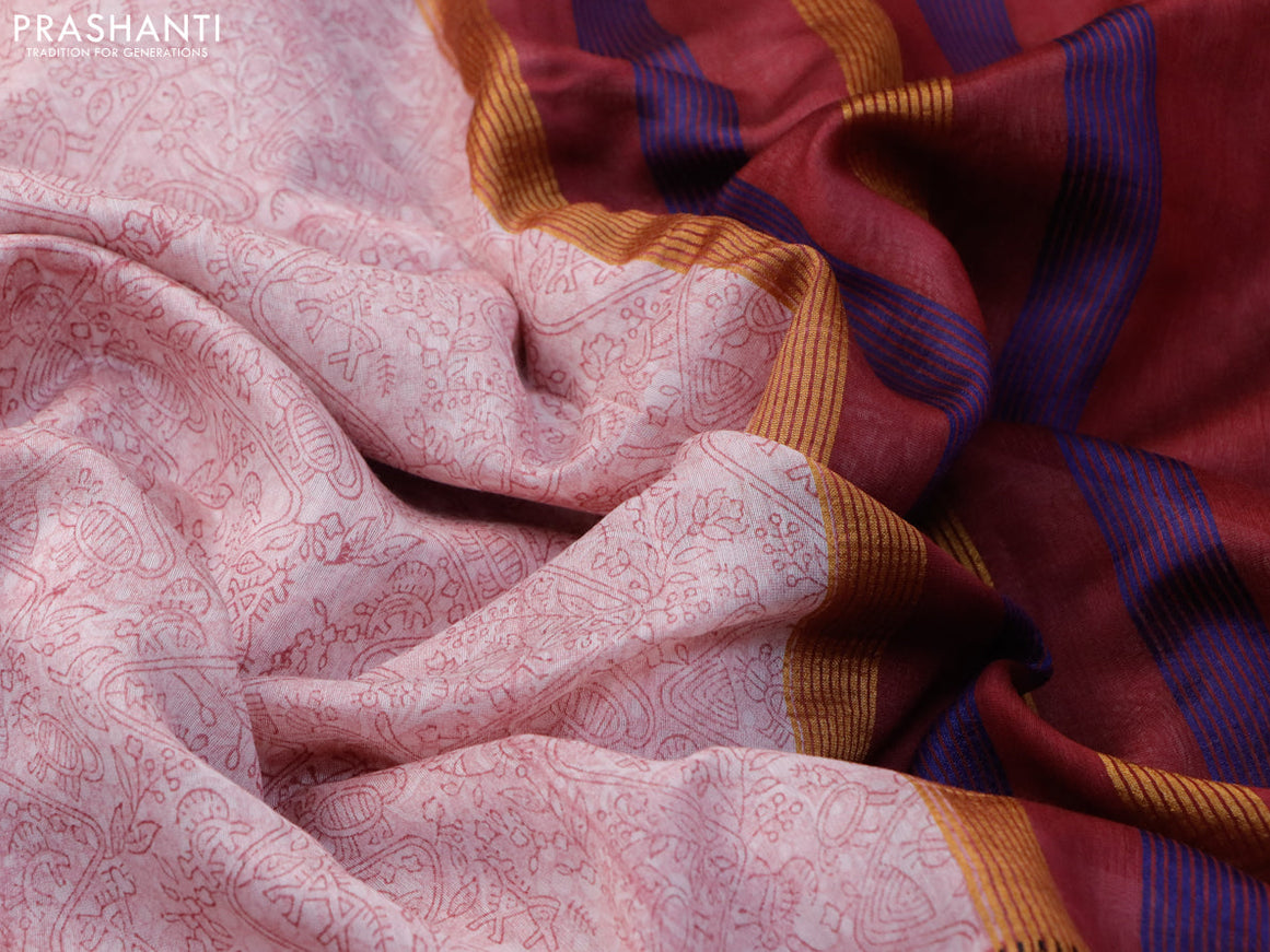 Maheshwari silk cotton saree pastel pink shade and maroon with allover prints and thread & zari woven border