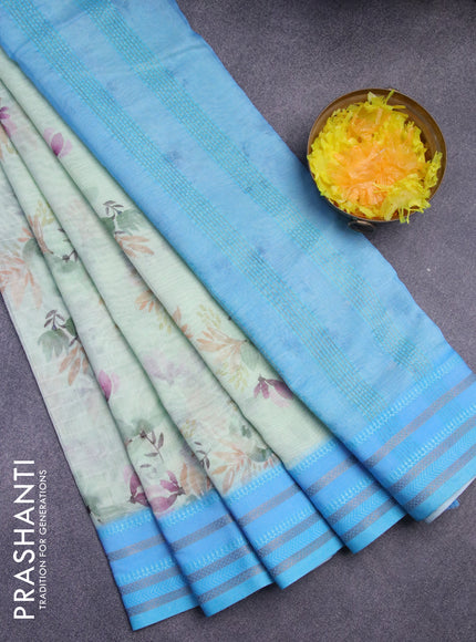 Maheshwari silk cotton saree pastel green and light blue with allover floral prints and thread & zari woven border