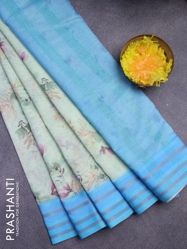 Maheshwari silk cotton saree pastel green and light blue with allover floral prints and thread & zari woven border