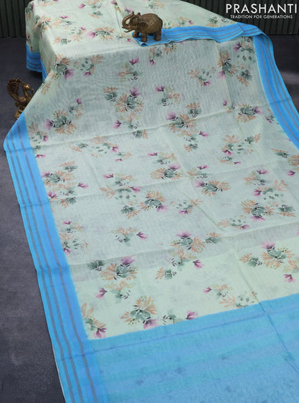 Maheshwari silk cotton saree pastel green and light blue with allover floral prints and thread & zari woven border