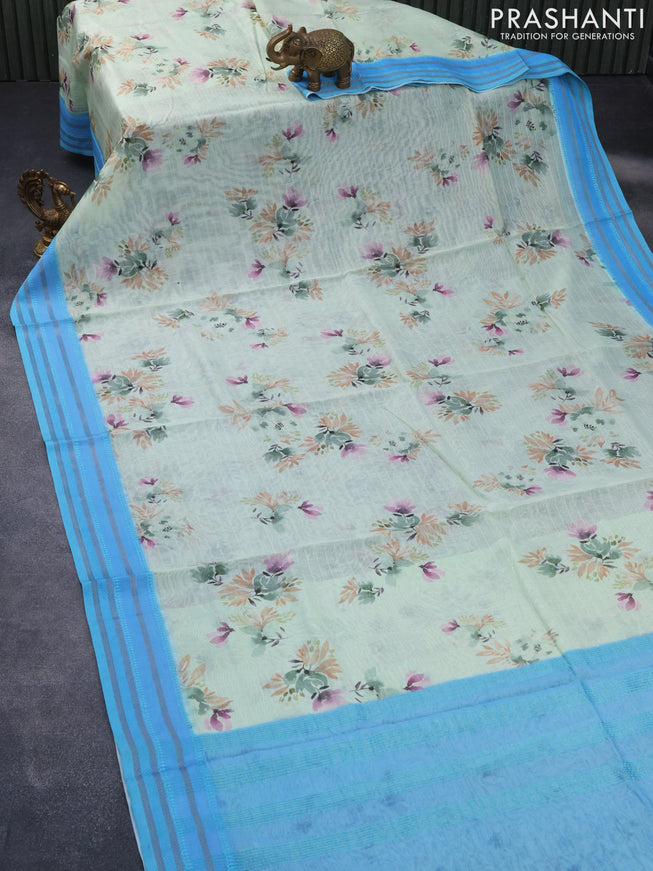 Maheshwari silk cotton saree pastel green and light blue with allover floral prints and thread & zari woven border