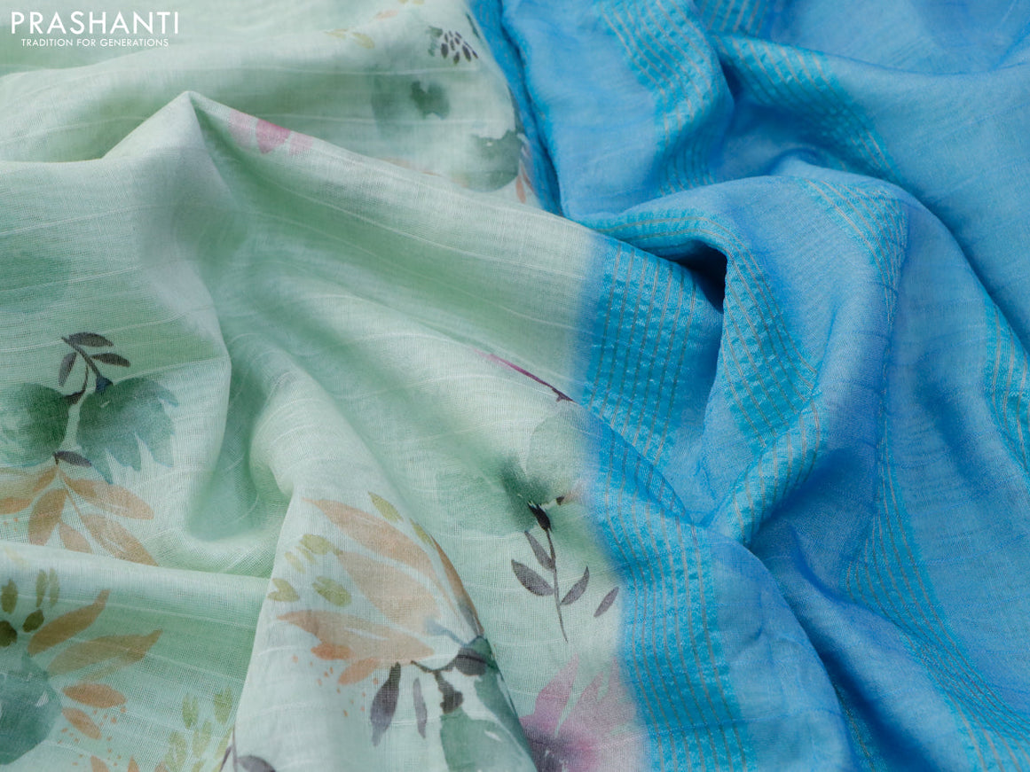 Maheshwari silk cotton saree pastel green and light blue with allover floral prints and thread & zari woven border