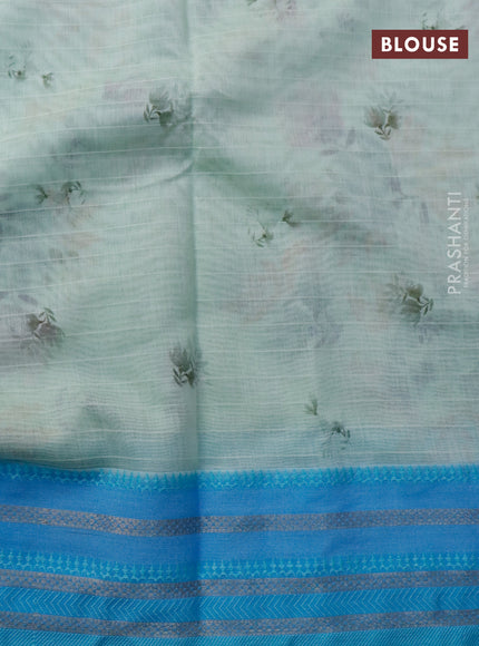 Maheshwari silk cotton saree pastel green and light blue with allover floral prints and thread & zari woven border