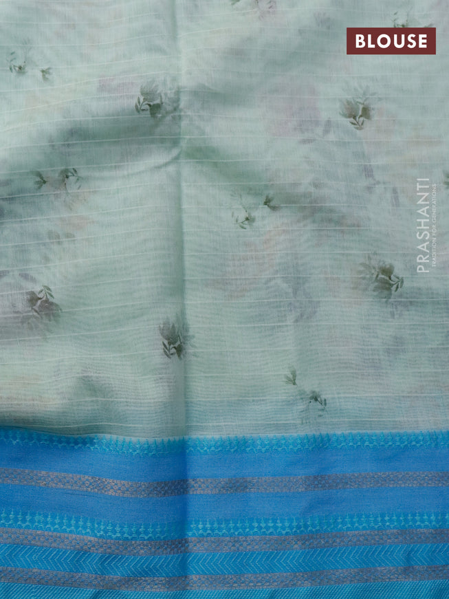 Maheshwari silk cotton saree pastel green and light blue with allover floral prints and thread & zari woven border