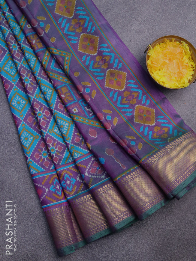 Semi tussar saree teal blue and dual shade of purple with allover ikat prints and zari woven border