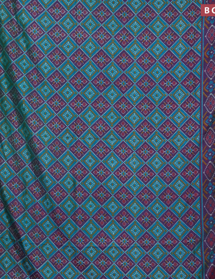 Semi tussar saree teal blue and dual shade of purple with allover ikat prints and zari woven border