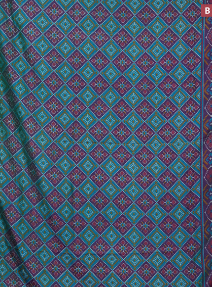 Semi tussar saree teal blue and dual shade of purple with allover ikat prints and zari woven border