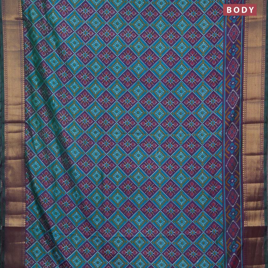 Semi tussar saree teal blue and dual shade of purple with allover ikat prints and zari woven border