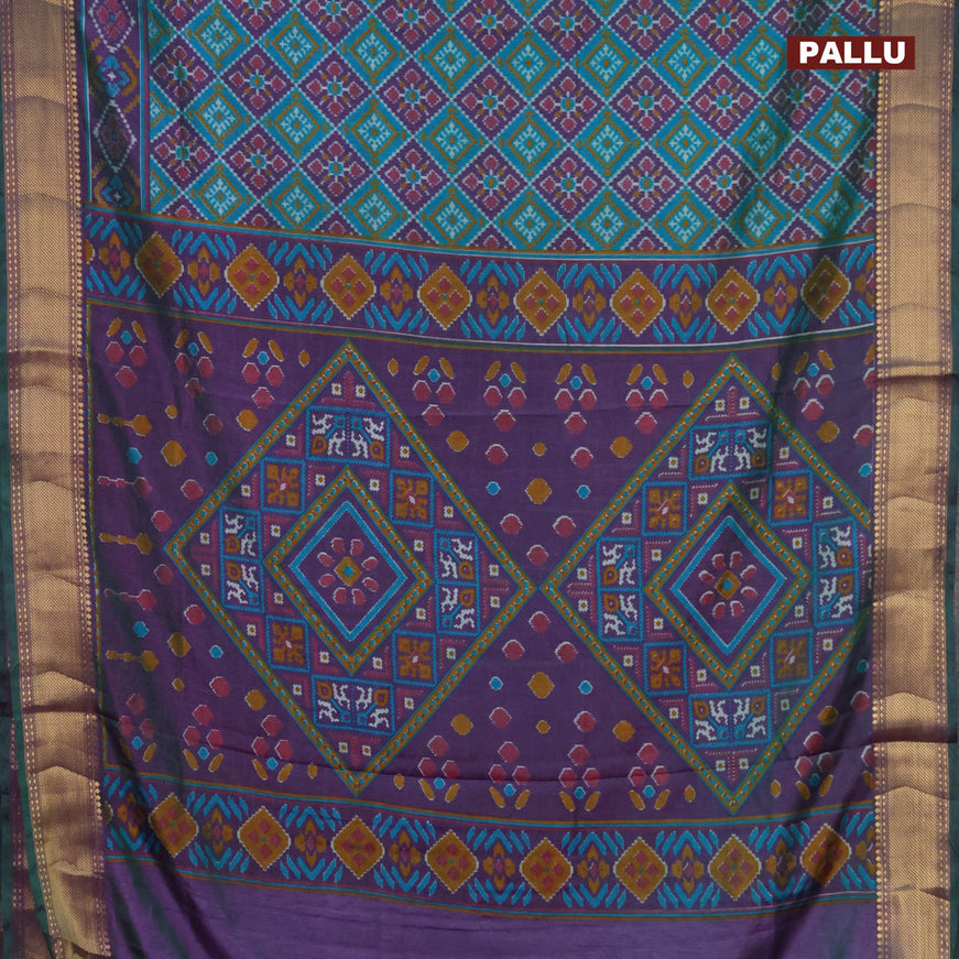 Semi tussar saree teal blue and dual shade of purple with allover ikat prints and zari woven border