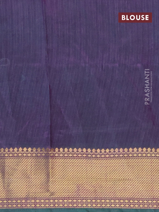 Semi tussar saree teal blue and dual shade of purple with allover ikat prints and zari woven border