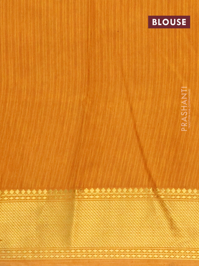 Semi tussar saree mustard yellow and green with allover ikat prints and zari woven border