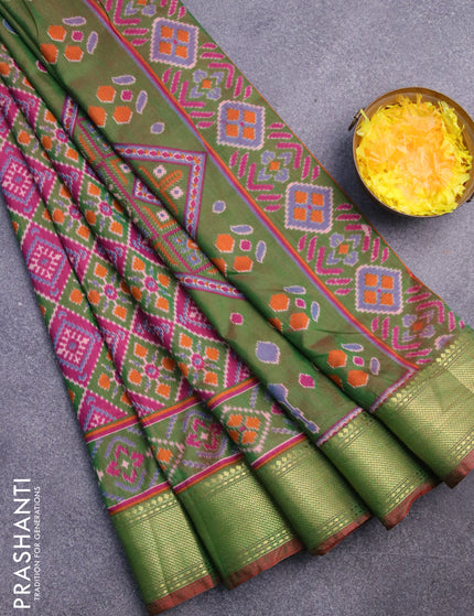 Semi tussar saree dark magenta pink green and maroon with allover ikat prints and zari woven border