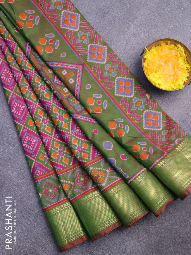 Semi tussar saree dark magenta pink green and maroon with allover ikat prints and zari woven border