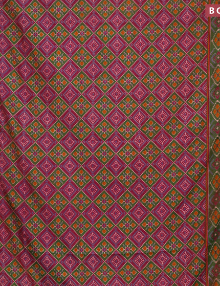 Semi tussar saree dark magenta pink green and maroon with allover ikat prints and zari woven border