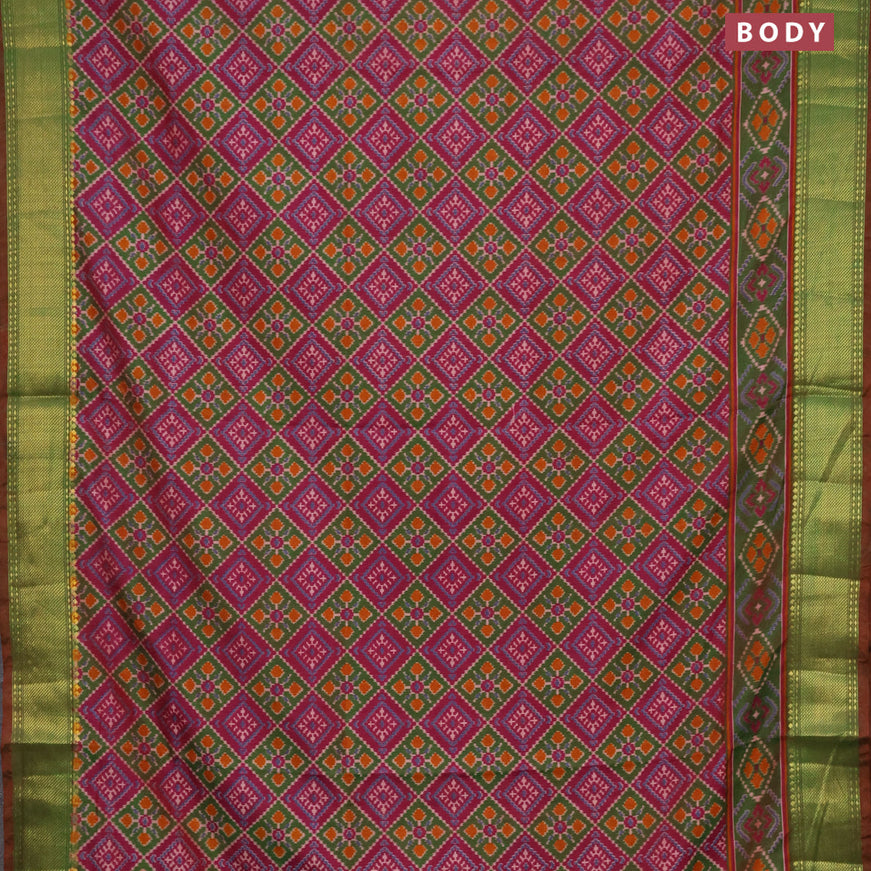 Semi tussar saree dark magenta pink green and maroon with allover ikat prints and zari woven border