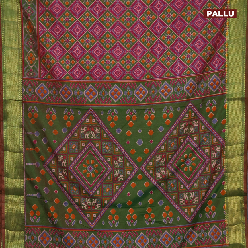 Semi tussar saree dark magenta pink green and maroon with allover ikat prints and zari woven border