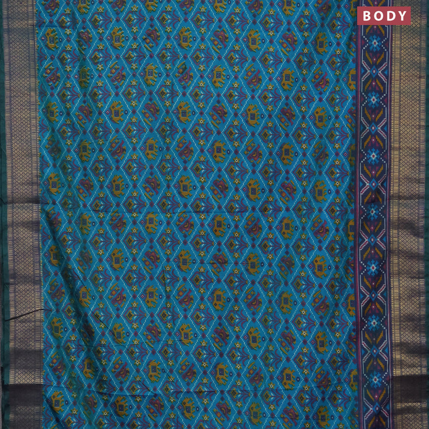 Semi tussar saree cs blue and dual shade of bluish green with allover ikat prints and zari woven border