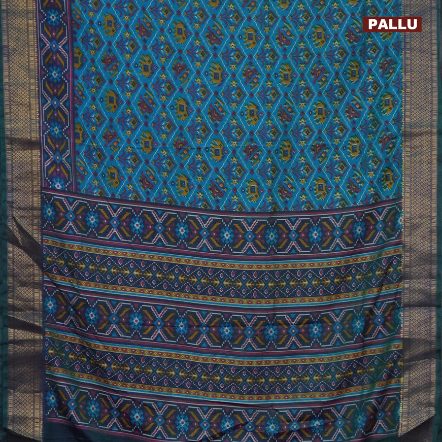 Semi tussar saree cs blue and dual shade of bluish green with allover ikat prints and zari woven border