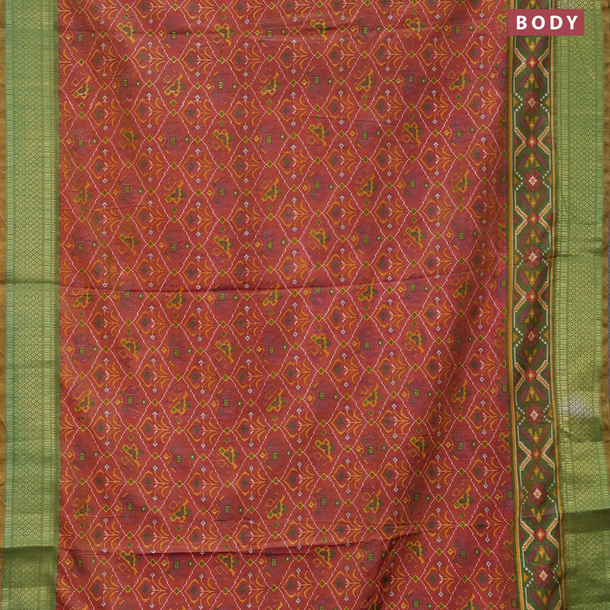 Semi tussar saree rust shade and green shade with allover ikat prints and zari woven border