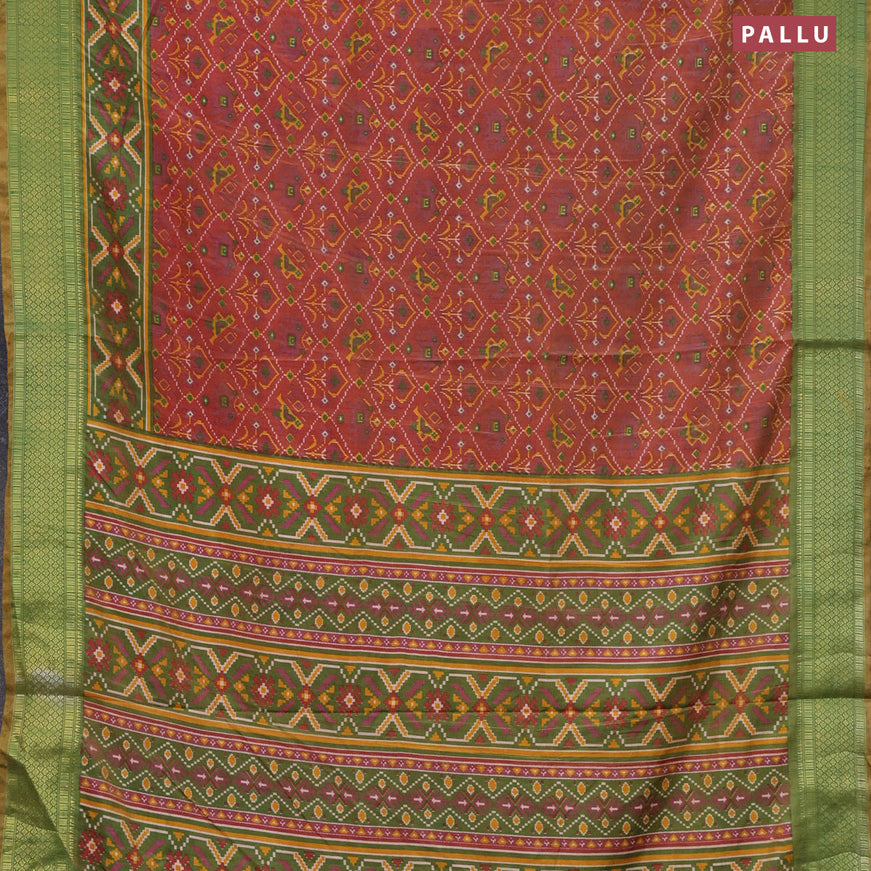 Semi tussar saree rust shade and green shade with allover ikat prints and zari woven border