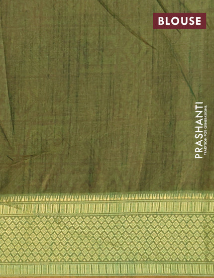 Semi tussar saree rust shade and green shade with allover ikat prints and zari woven border