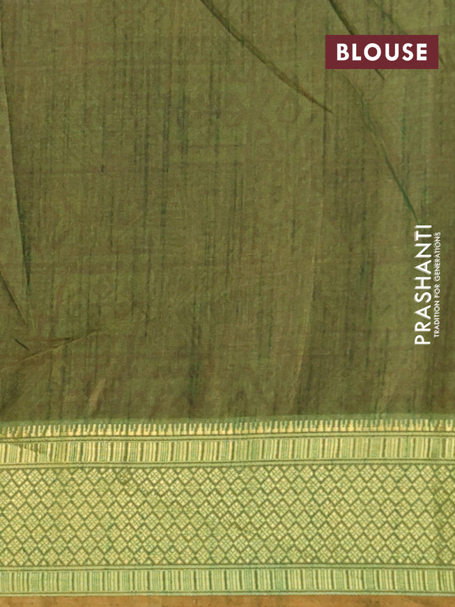 Semi tussar saree rust shade and green shade with allover ikat prints and zari woven border