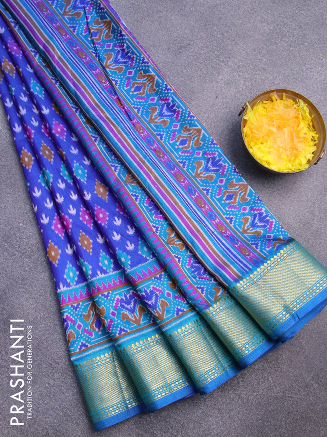 Semi tussar saree blue and cs blue with ikat butta weaves and zari woven border