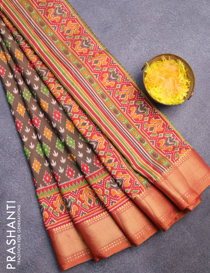 Semi tussar saree brown and red shade with ikat butta weaves and zari woven border