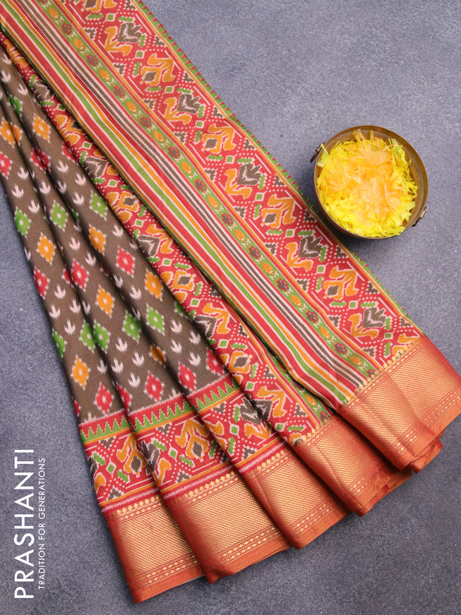 Semi tussar saree brown and red shade with ikat butta weaves and zari woven border