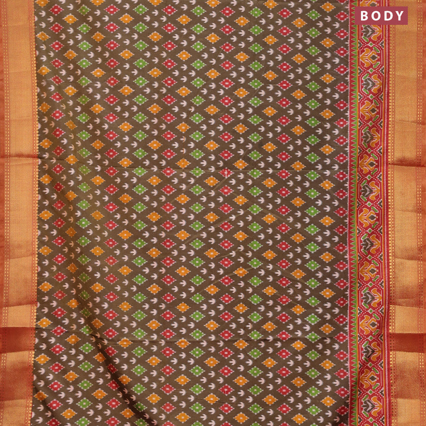 Semi tussar saree brown and red shade with ikat butta weaves and zari woven border