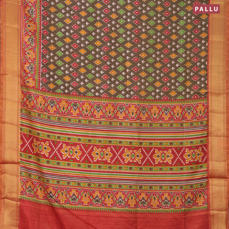 Semi tussar saree brown and red shade with ikat butta weaves and zari woven border