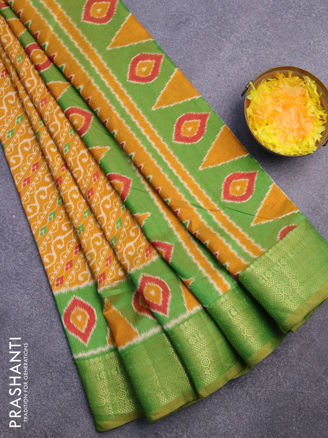 Semi tussar saree mustard yellow and green with allover ikat prints and zari woven border